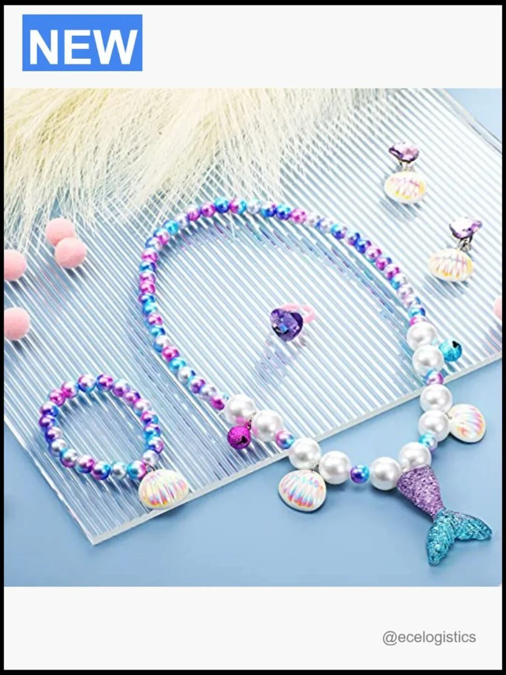 Mermaid Jewelry Set for Girls - Shell Necklace Bracelet Ring Earrings, Dress Up